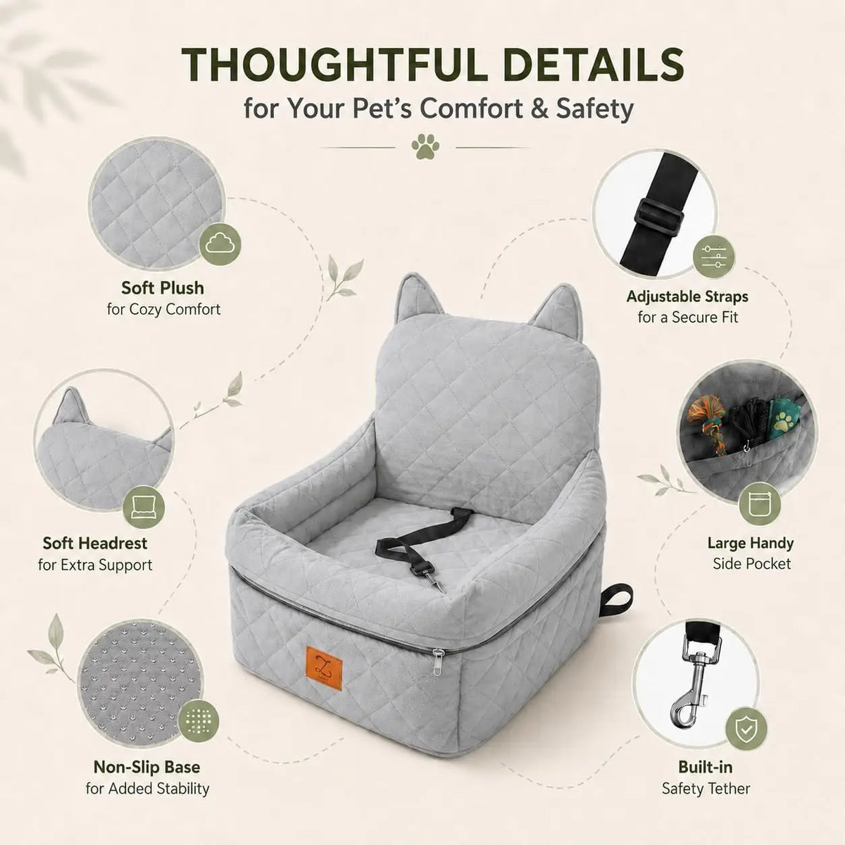 Dog Car Seat Booster With Safety Belt And Washable Cover