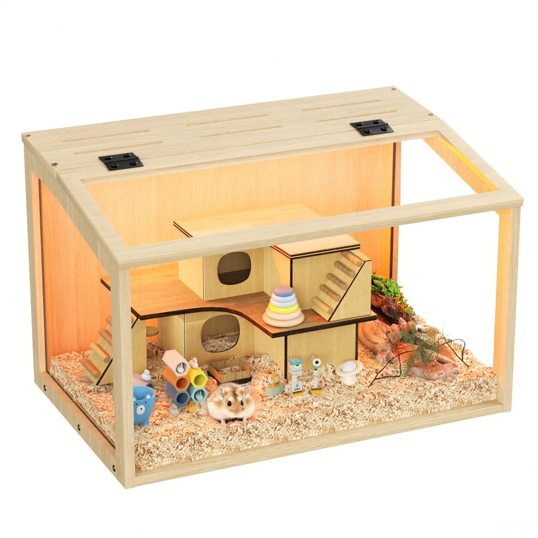 Indoor Wooden Hamster Cage With Glass Panels And LED Lighting