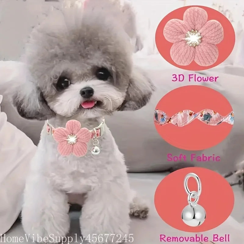 Soft Adjustable Floral Pet Collar with Flower Charm and Bell