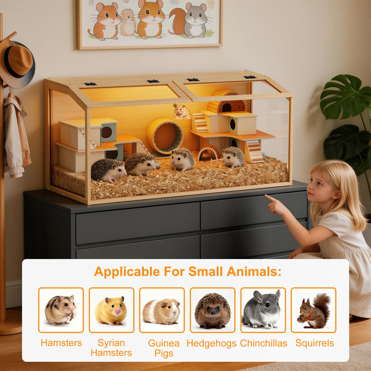 Indoor Wooden Hamster Cage With Glass Panels And LED Lighting