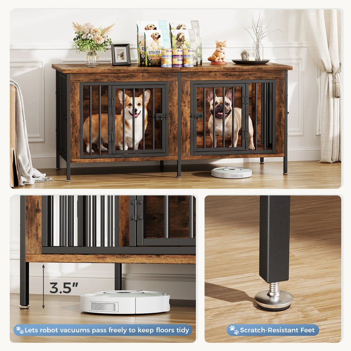 JHK Double Door Wooden Dog Kennel With Secure Divider Panel