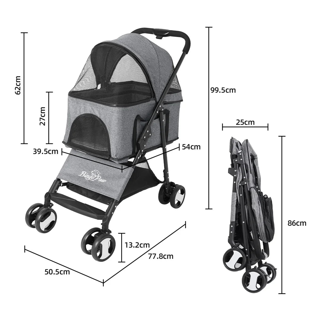 Foldable Pet Stroller With Rain Cover And Storage Basket