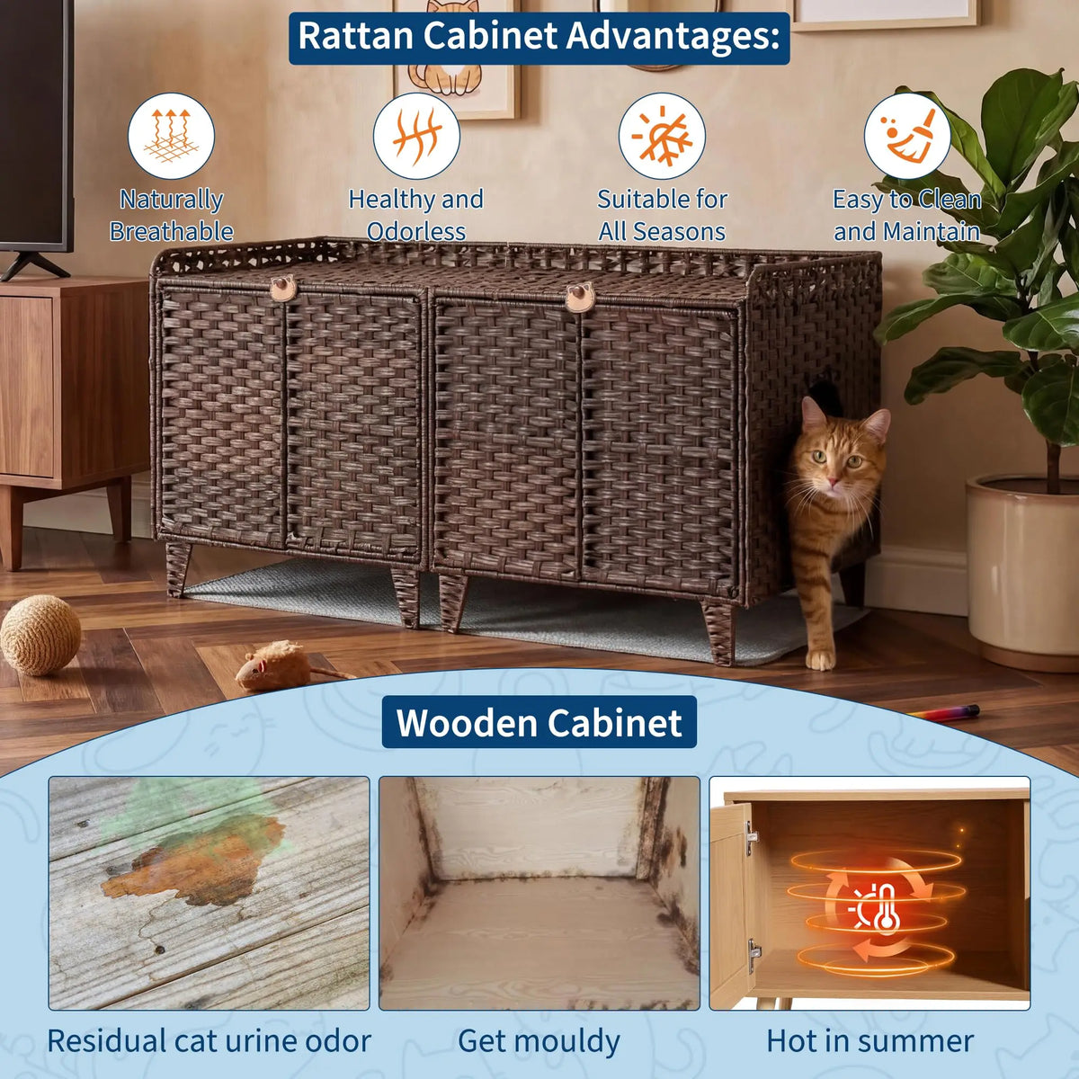 HiMISS Rattan Double Door Cat Litter Box Enclosure Set