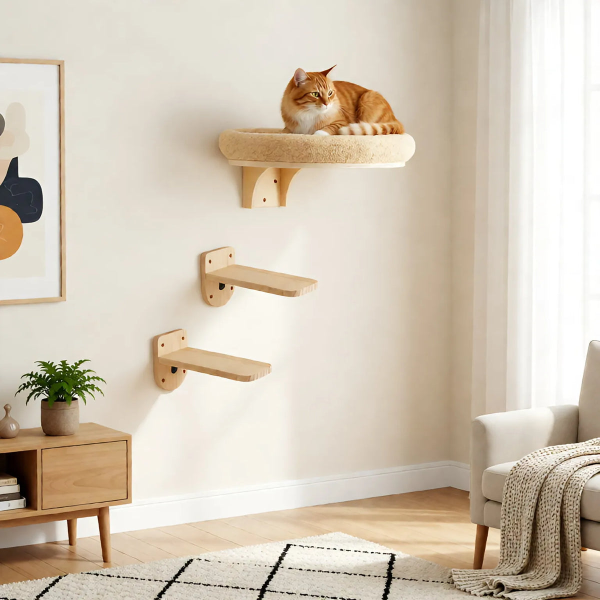 CWV Solid Pine Wood Cat Wall Mounted Ladder And Hammock