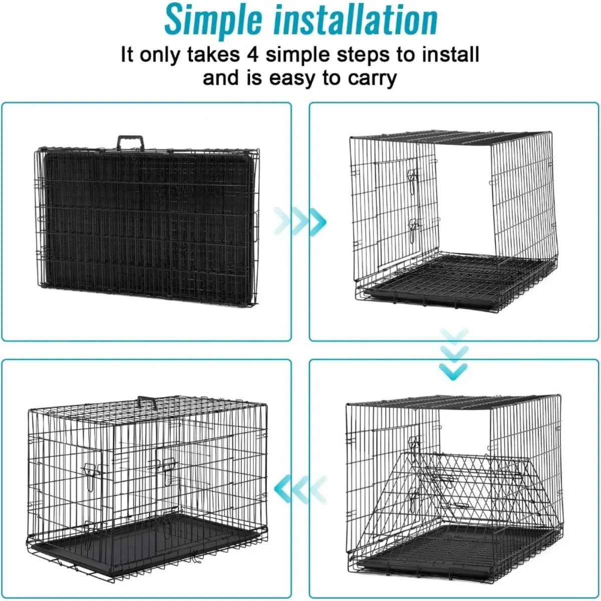 XI UWO Foldable Metal Dog Crate With Double Doors And Divider Tray