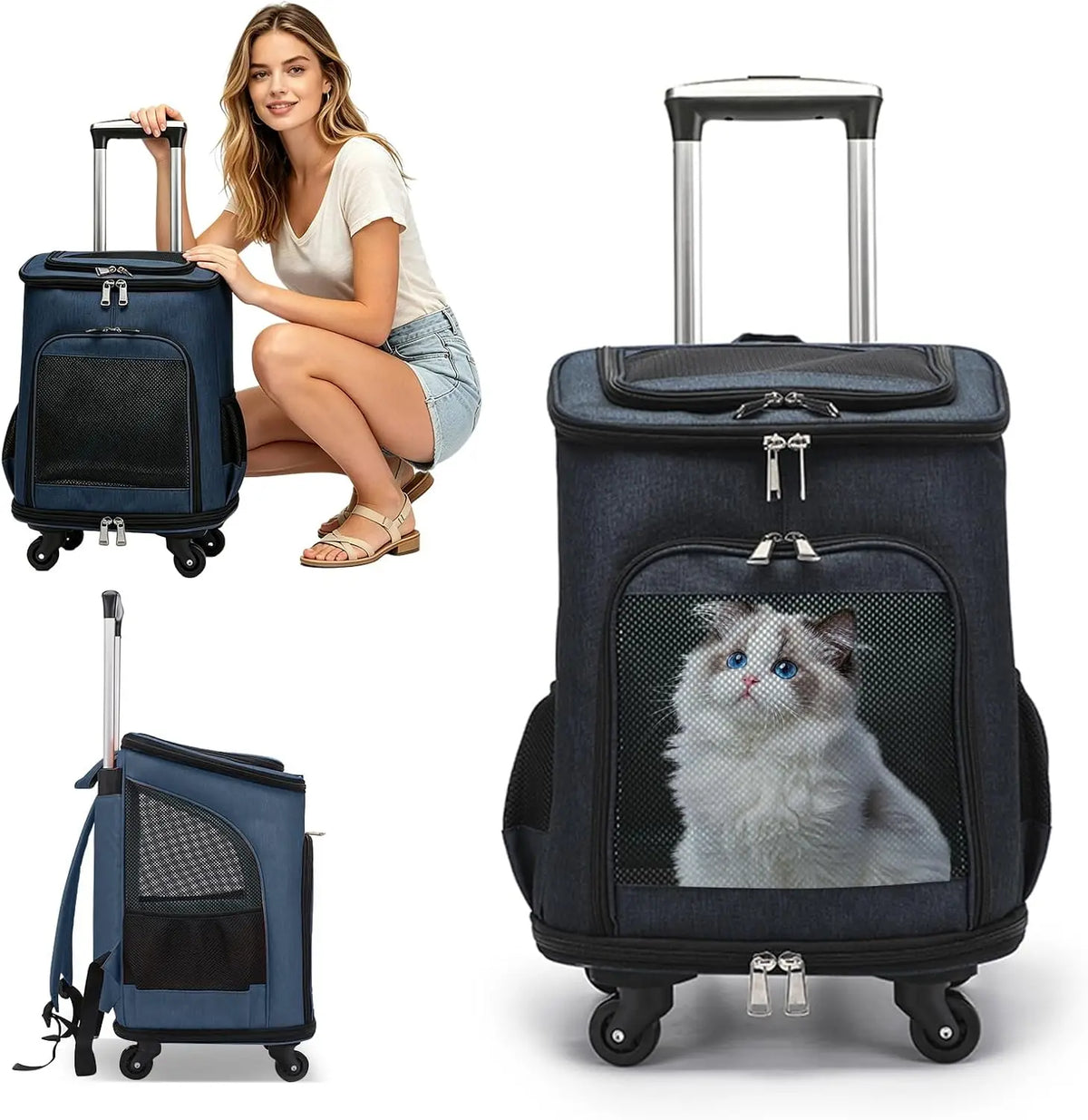 Three In One Wheeled Pet Carrier Backpack With Mesh Ventilation