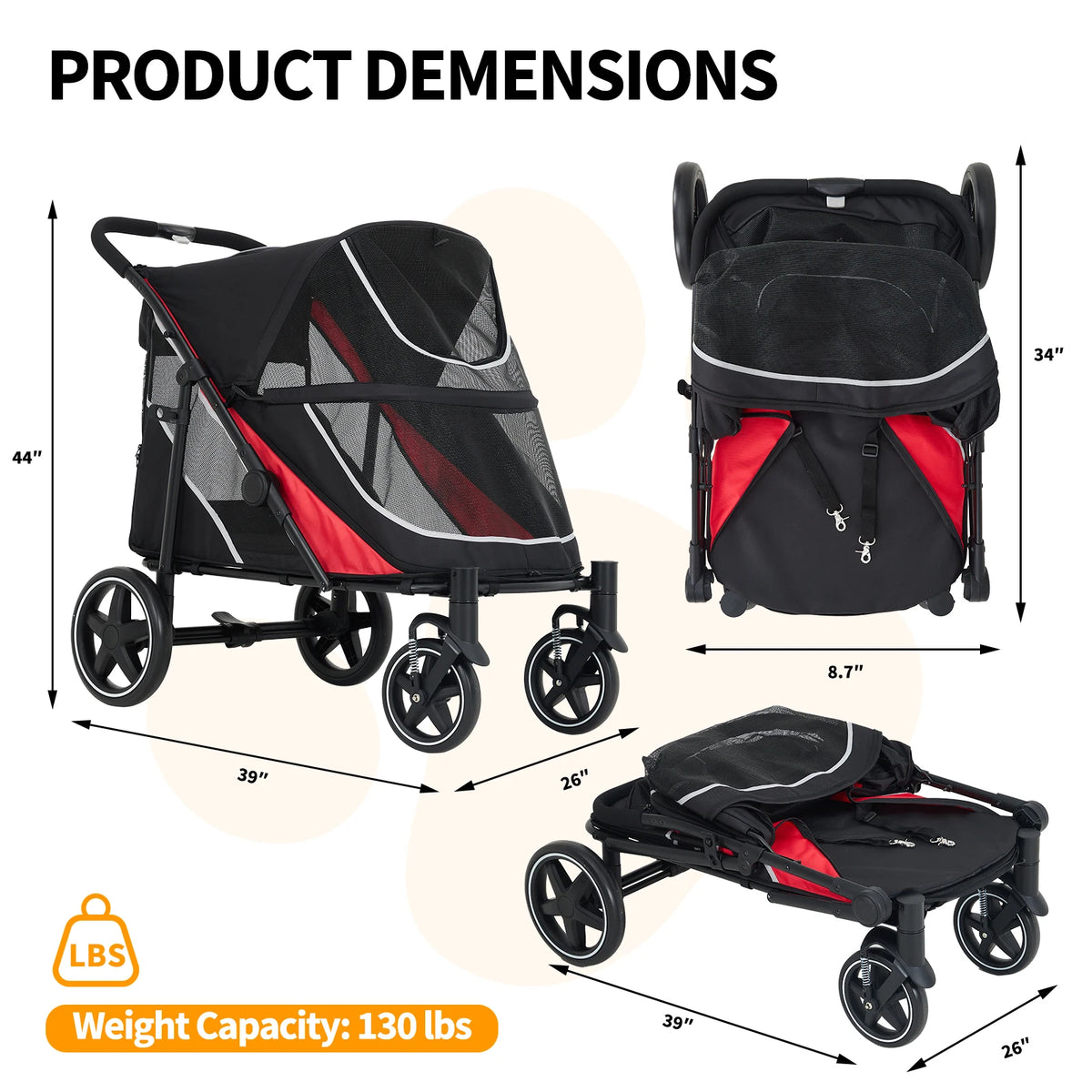 Pet Stroller For Multiple Dogs With Canopy And Storage Organizer