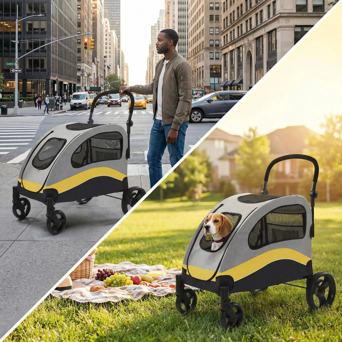 Heavy Duty Collapsible Dog Stroller With Swivel Shock Absorbing Wheels