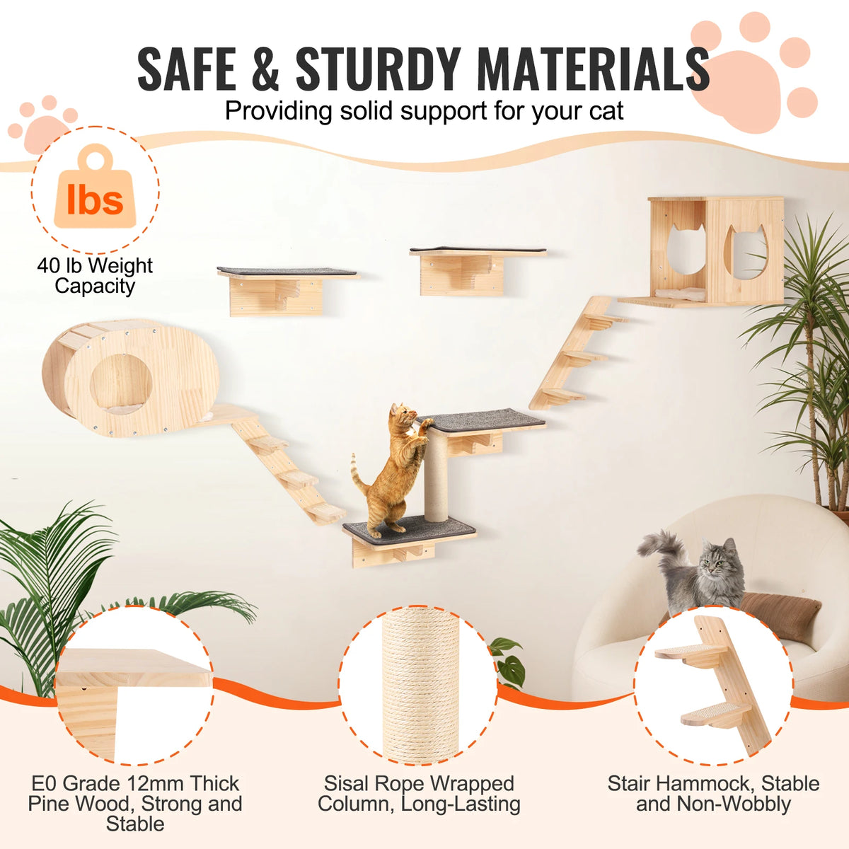 SucceBuy Wall Mounted Cat Shelves With Hammock And Jumping Perches