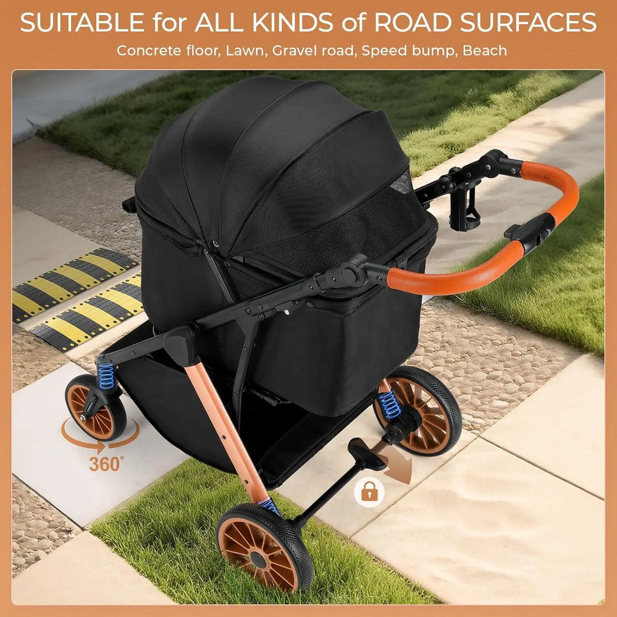 Foldable Pet Stroller With Sun Shade, Shock Absorbers And Carrier