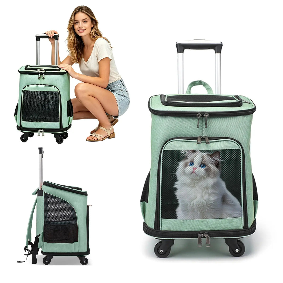 Three In One Wheeled Pet Carrier Backpack With Mesh Ventilation