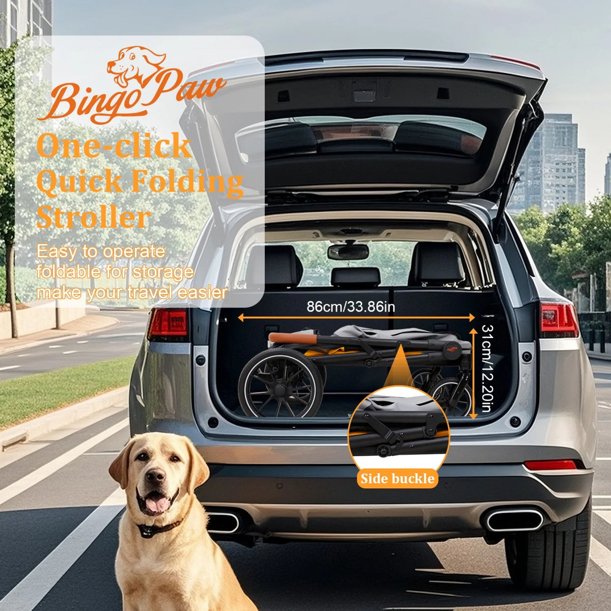 Folding Dog Stroller With Storage For Outdoor Pet Travel