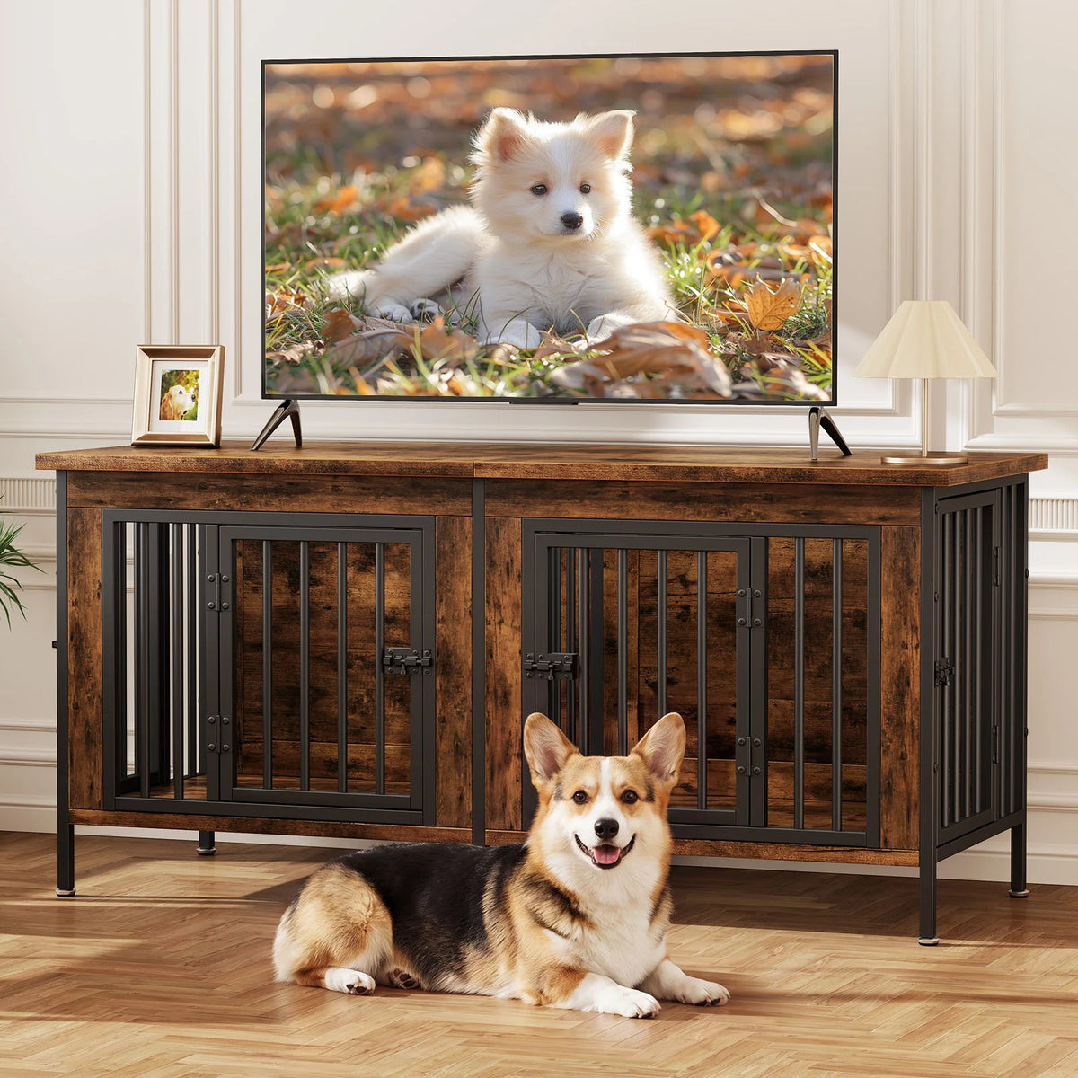 JHK Double Door Wooden Dog Kennel With Secure Divider Panel