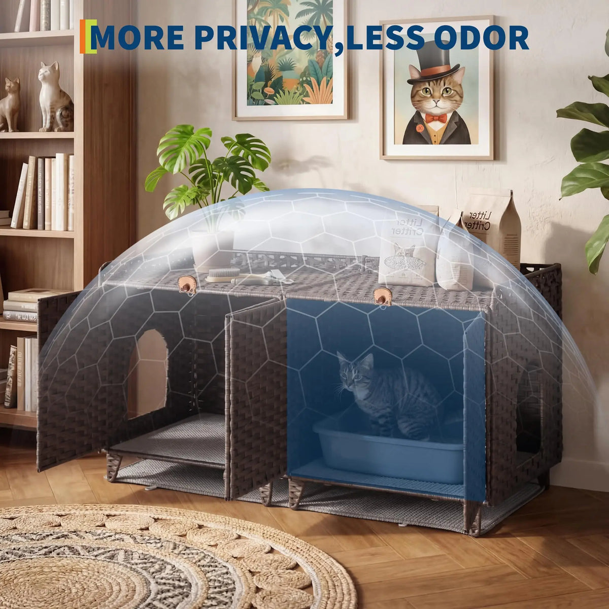 HiMISS Double Door Rattan Litter Box Enclosure Cabinet