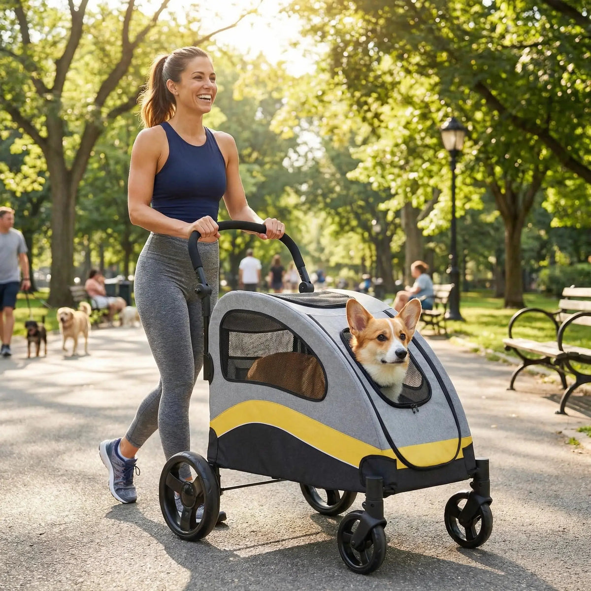 Heavy Duty Collapsible Dog Stroller With Swivel Shock Absorbing Wheels