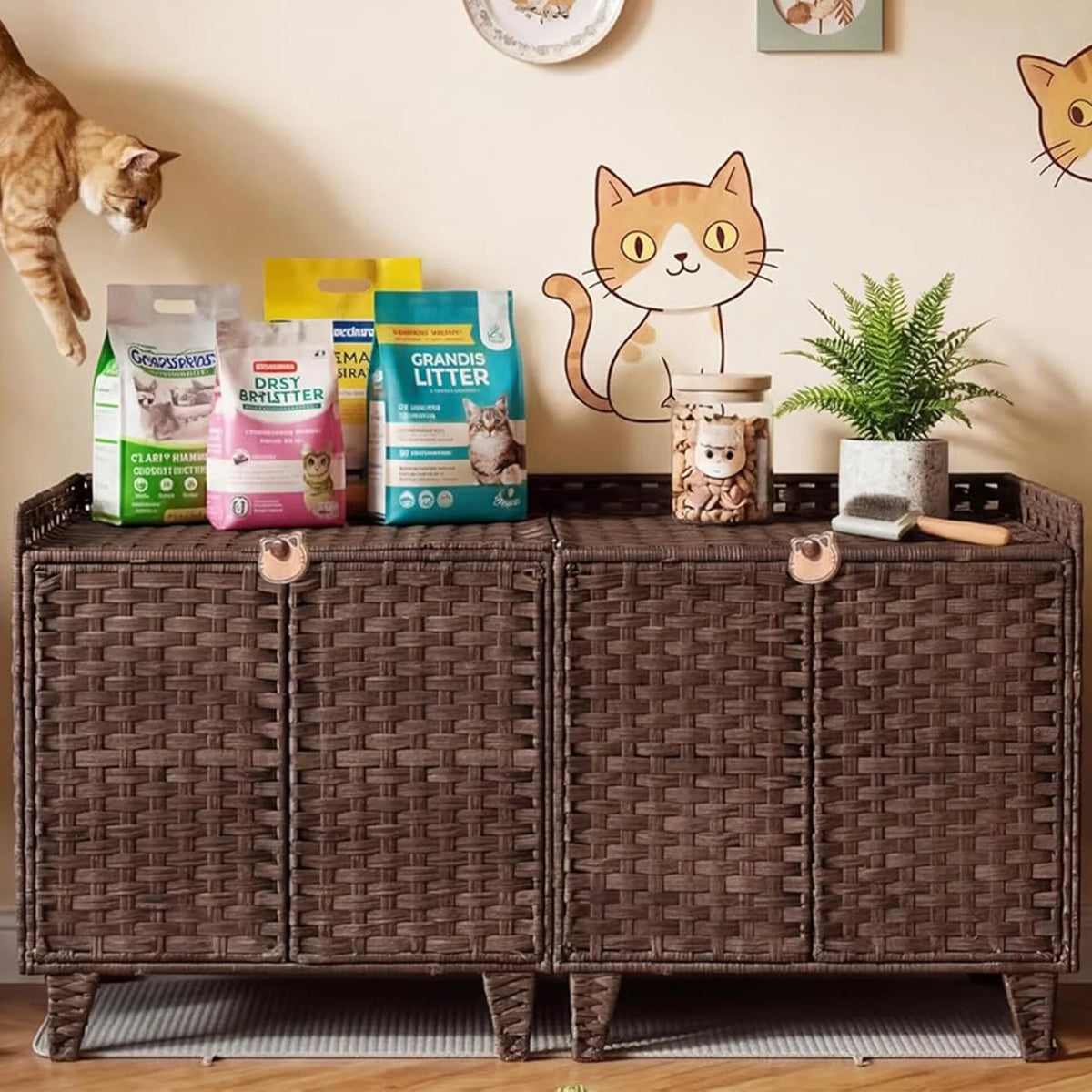HiMISS Rattan Double Door Cat Litter Box Enclosure Set