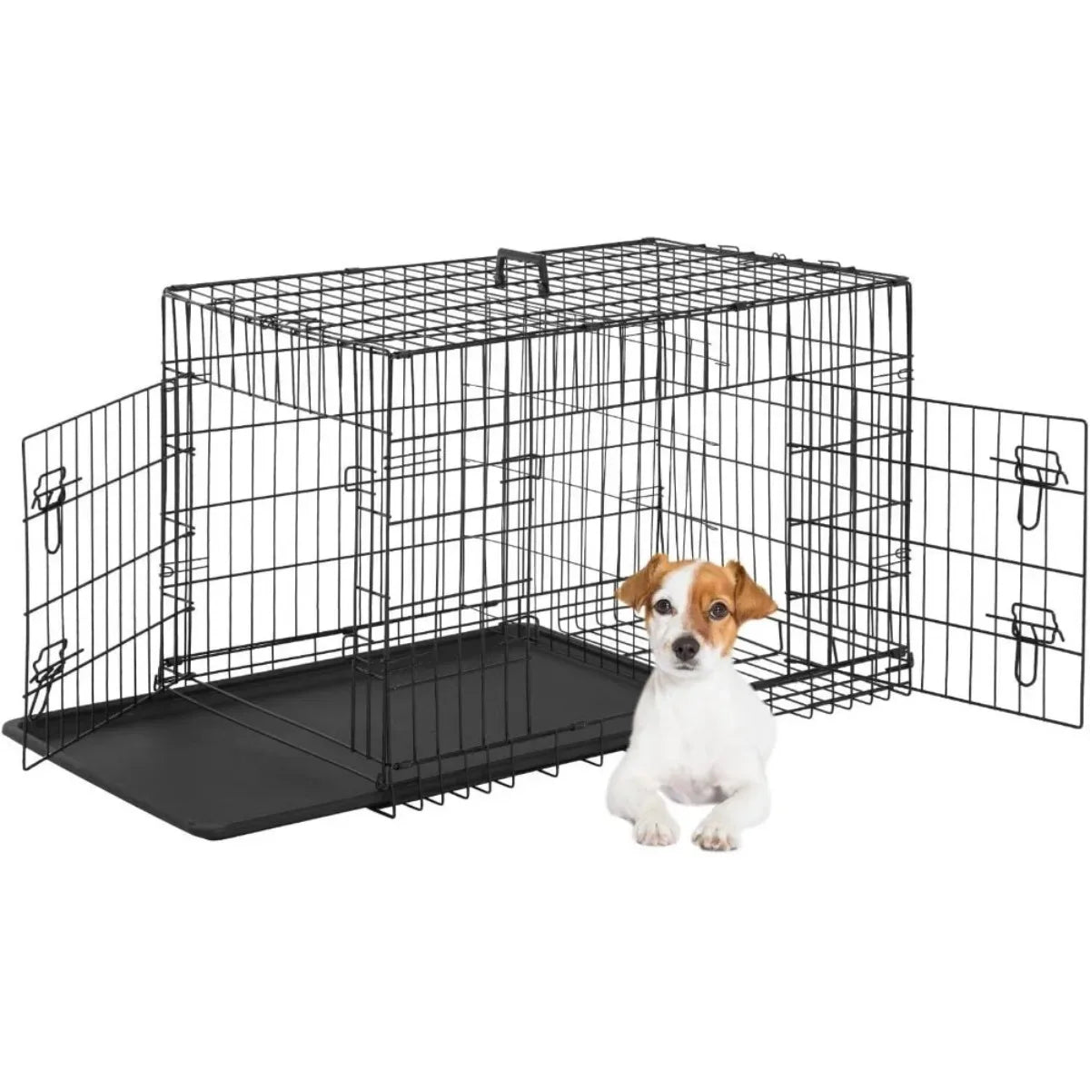XI UWO Foldable Metal Dog Crate With Double Doors And Divider Tray