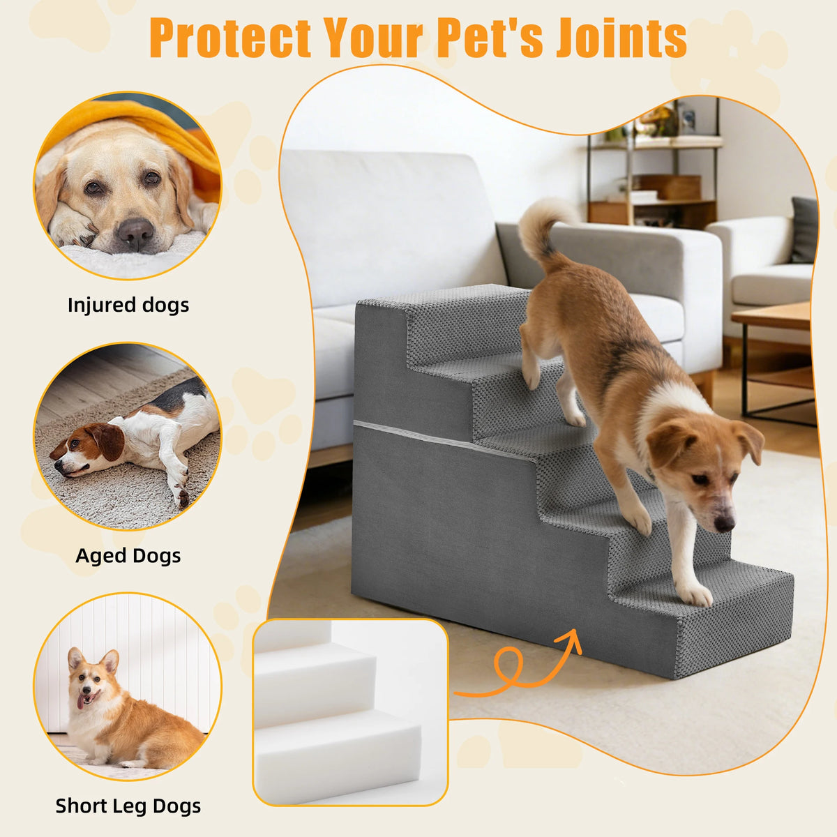 Heavy Duty Curved Foam Dog Stairs Ramp For Indoor Pets