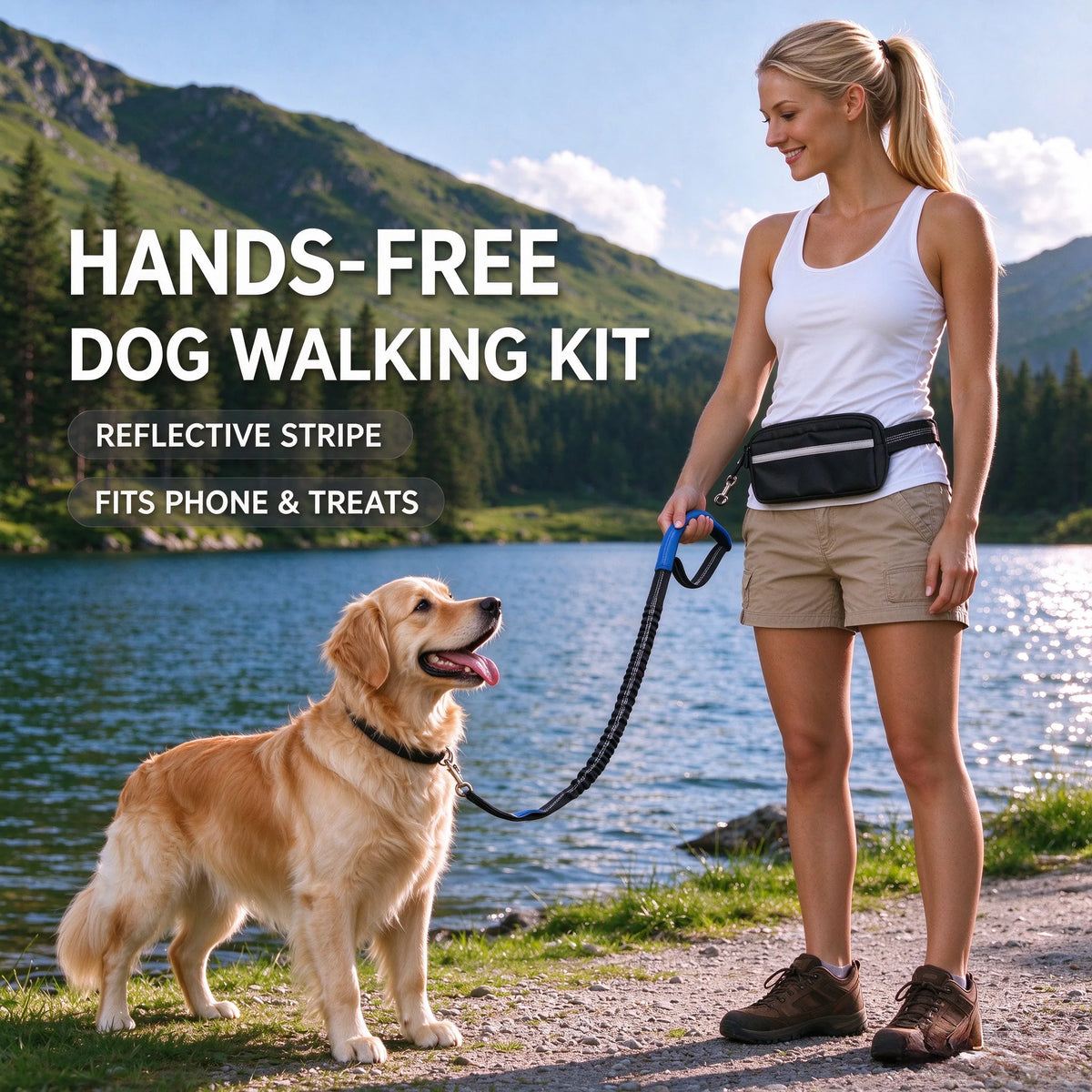 Hands Free Dog Leash With Belt Reflective Stitching And Pouch