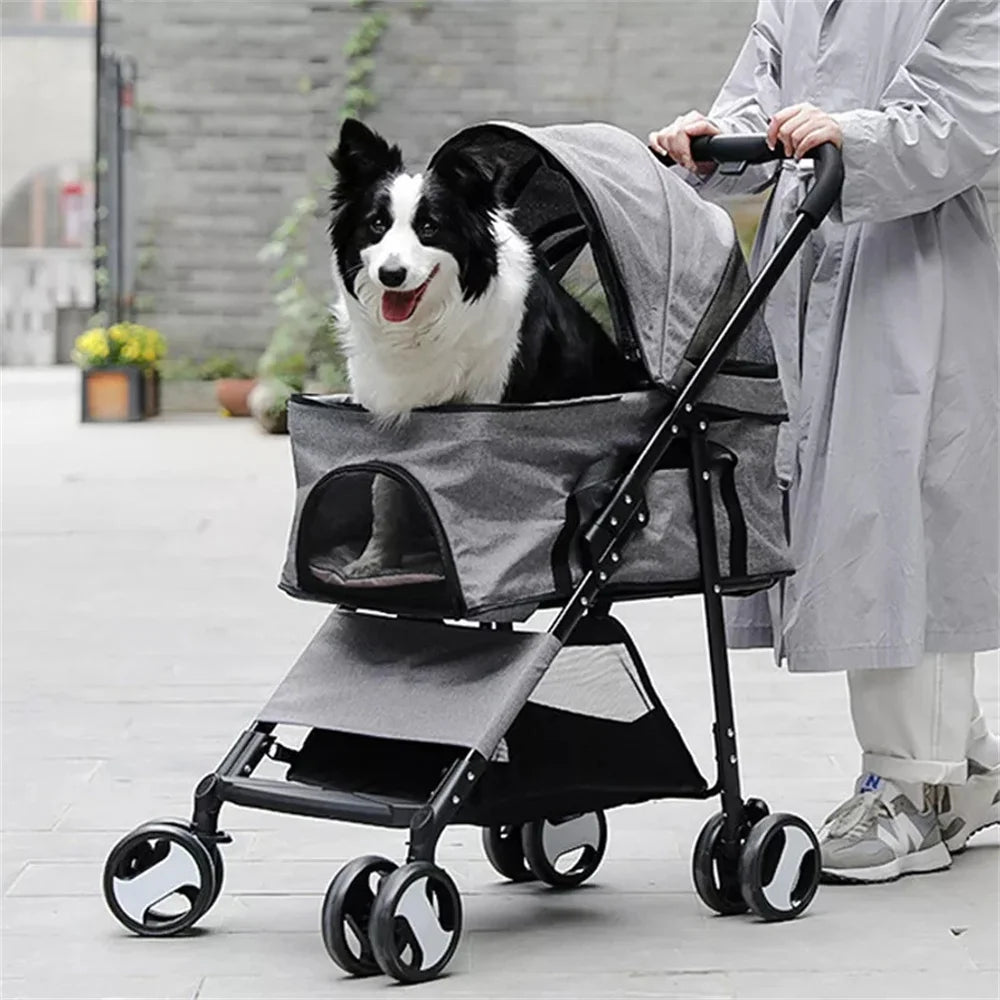 Foldable Pet Stroller With Rain Cover And Storage Basket