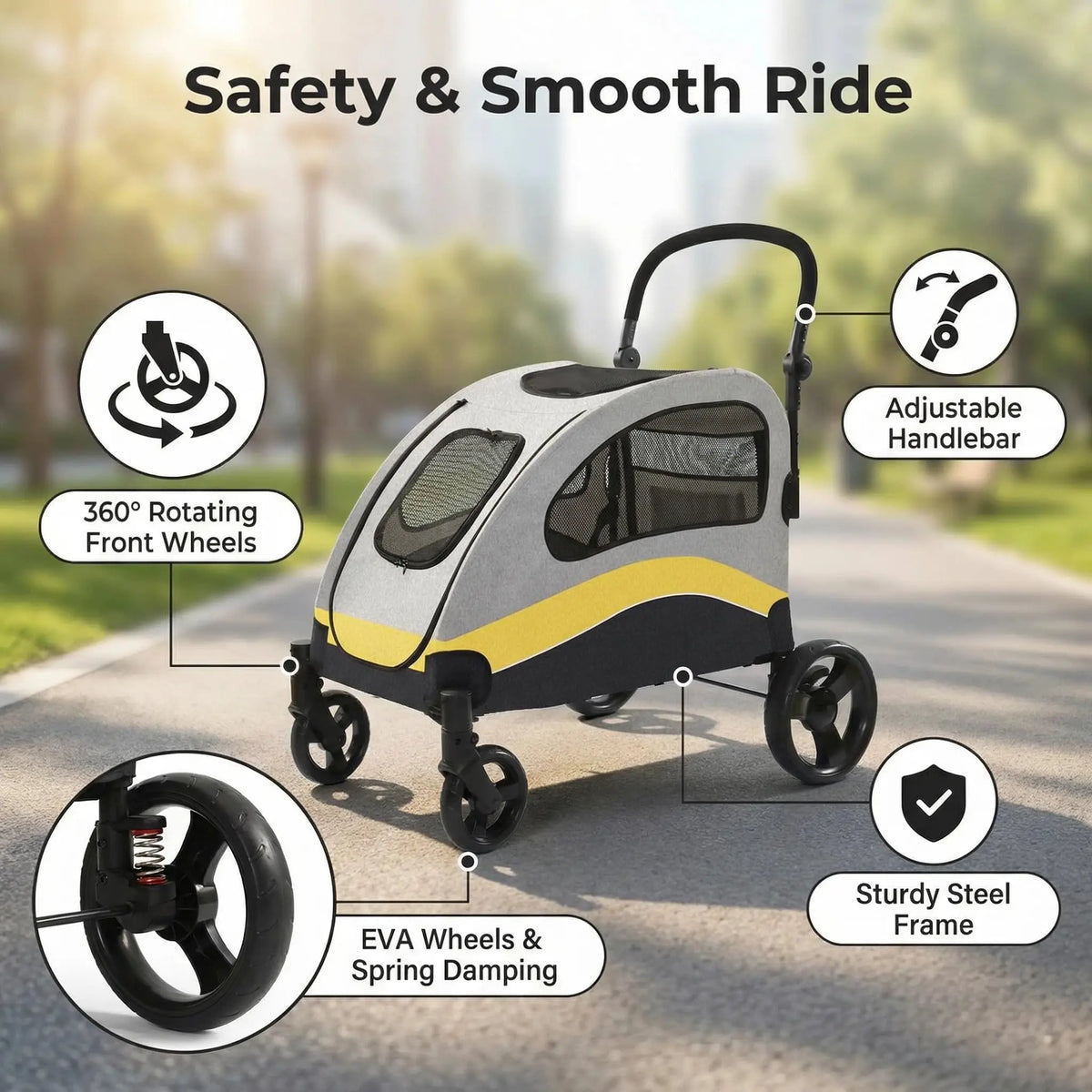 Heavy Duty Collapsible Dog Stroller With Swivel Shock Absorbing Wheels