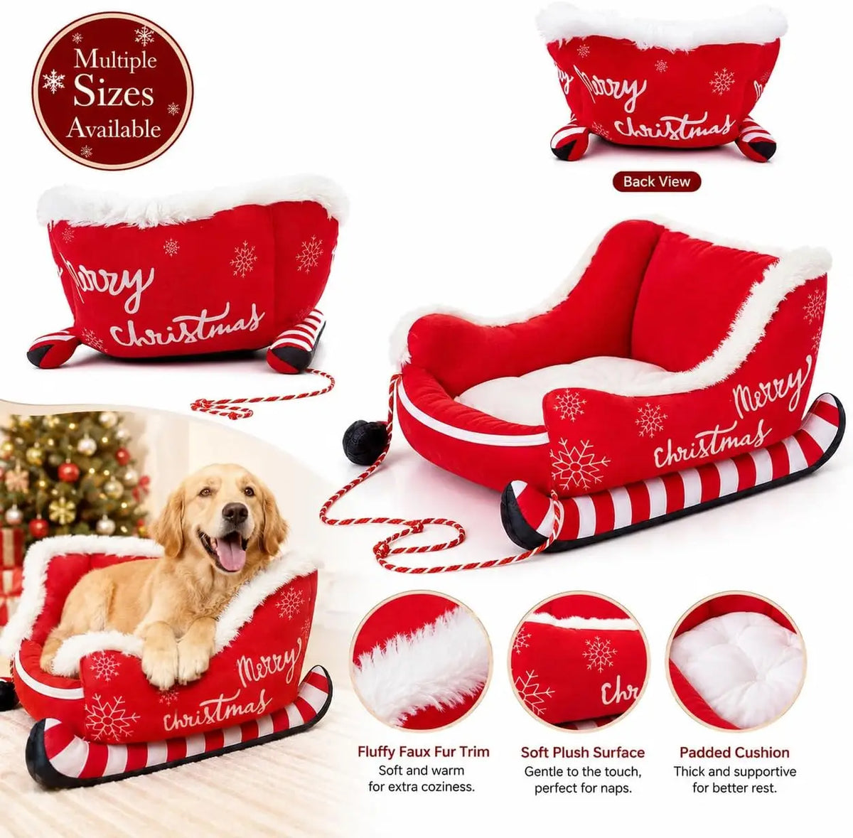 Christmas Dog Sleigh Sofa Bed With Plush Raised Sides for Pets