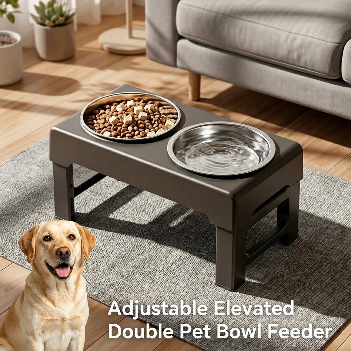 Adjustable Raised Dog Feeder With Double Stainless Steel Bowls