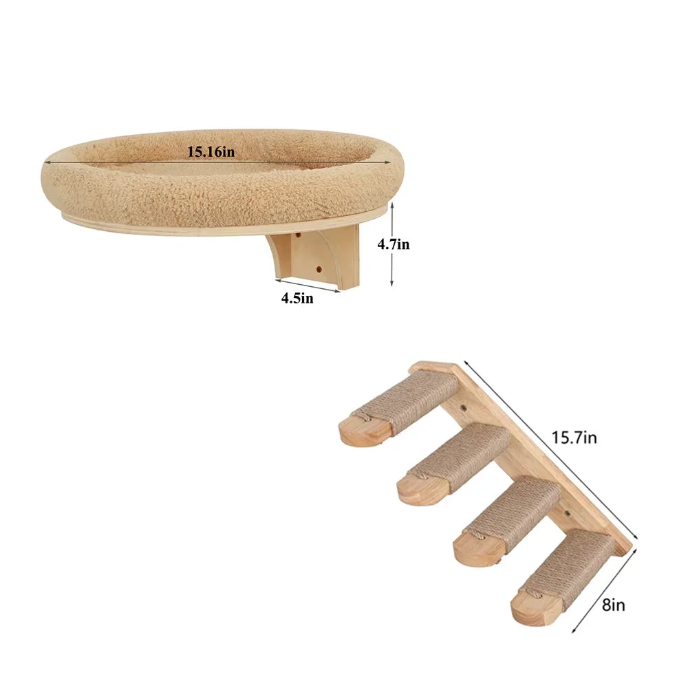 CWV Solid Pine Wood Cat Wall Mounted Ladder And Hammock