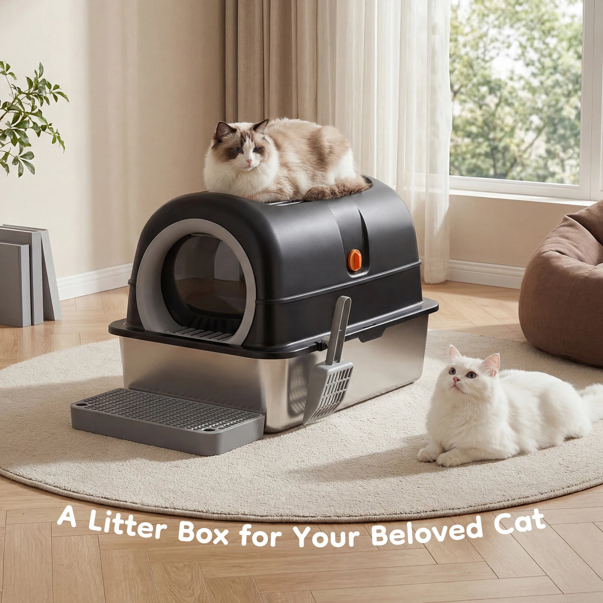 Fully Enclosed Stainless Steel Cat Litter Box With Accessories