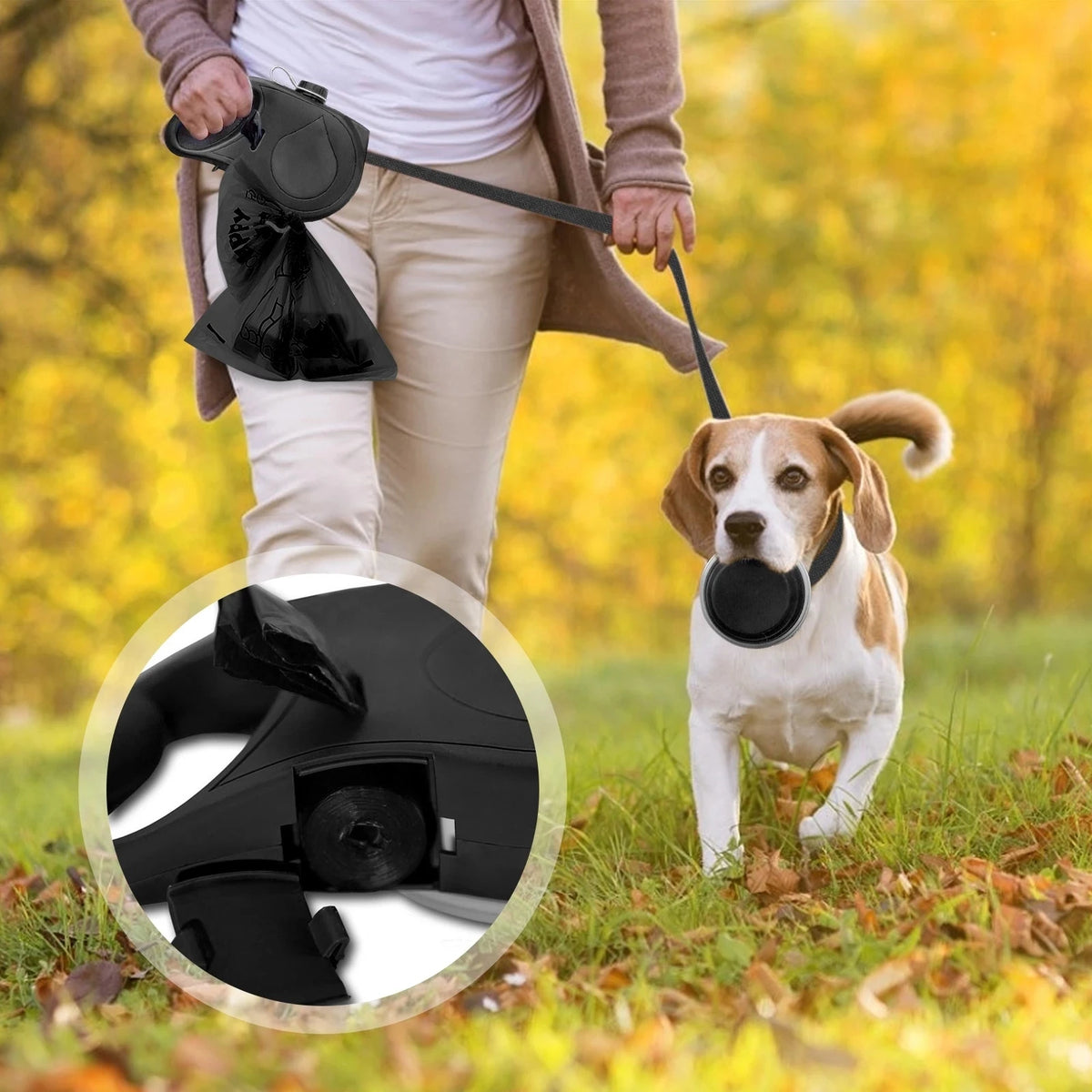 Dog Leash With Water Bottle Bowl And Waste Bag Dispenser