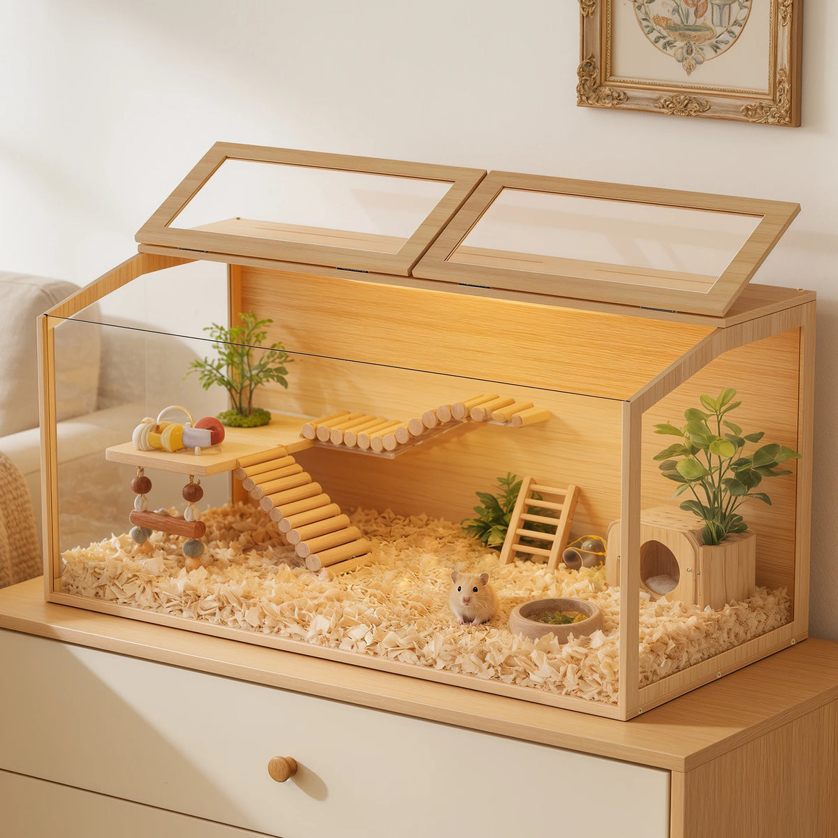 Indoor Wooden Hamster Cage With Glass Panels And LED Lighting