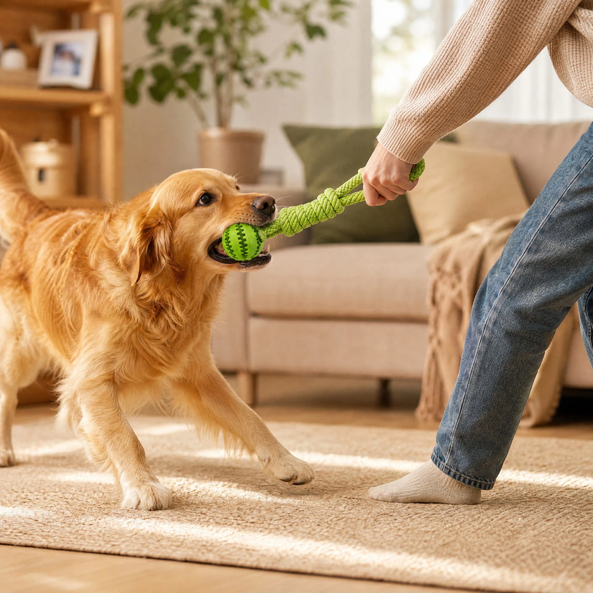Interactive Treat Dispensing Dog Chew Toy With Rope Tug