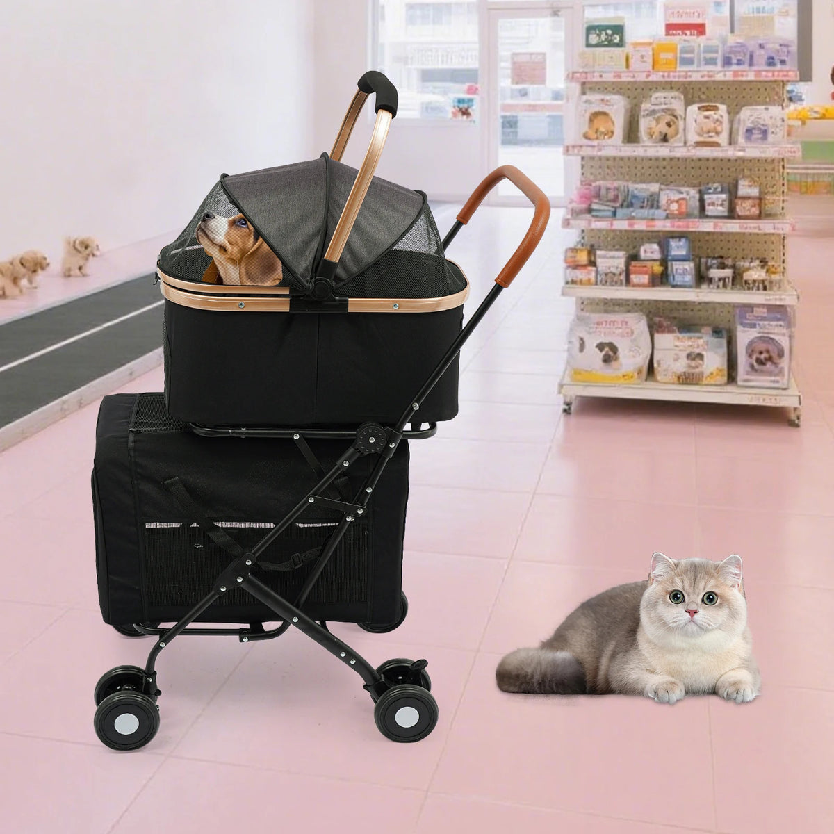Bymaocar Foldable Two Tier Pet Stroller for Dogs and Cats