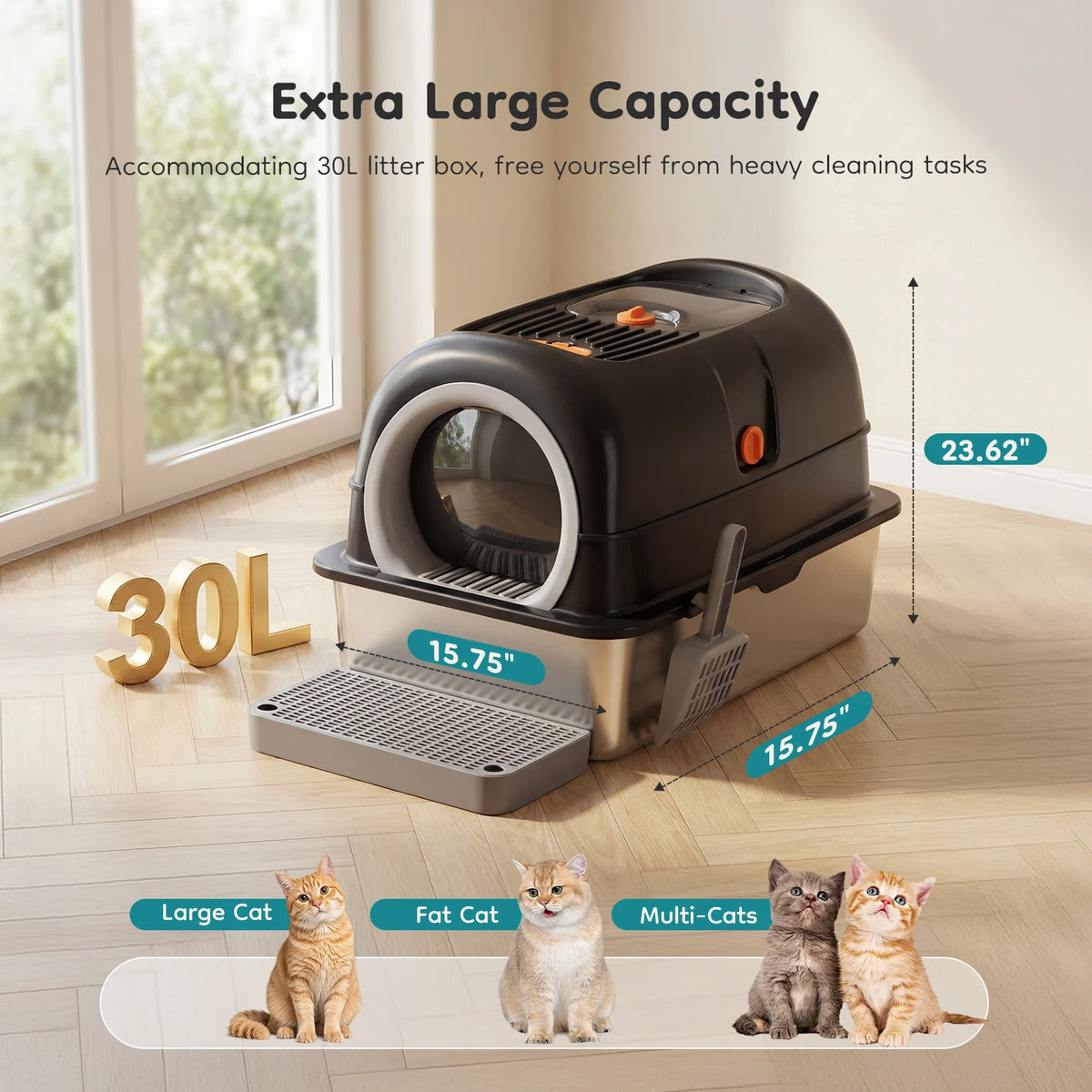 Fully Enclosed Stainless Steel Cat Litter Box With Accessories