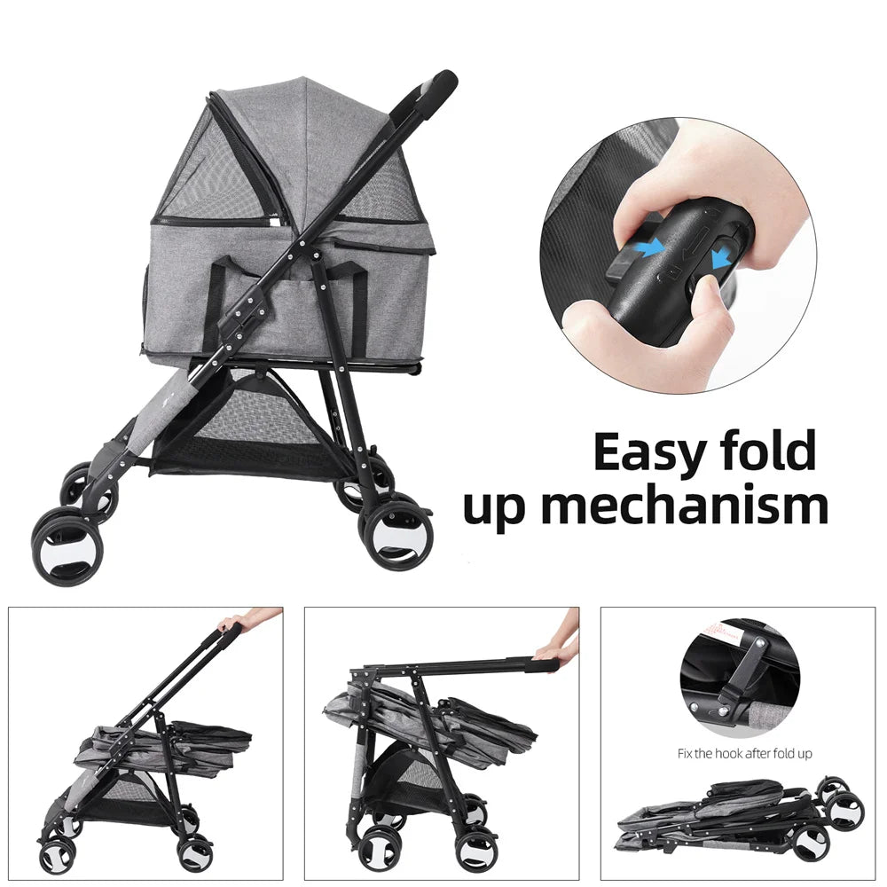 Foldable Pet Stroller With Rain Cover And Storage Basket