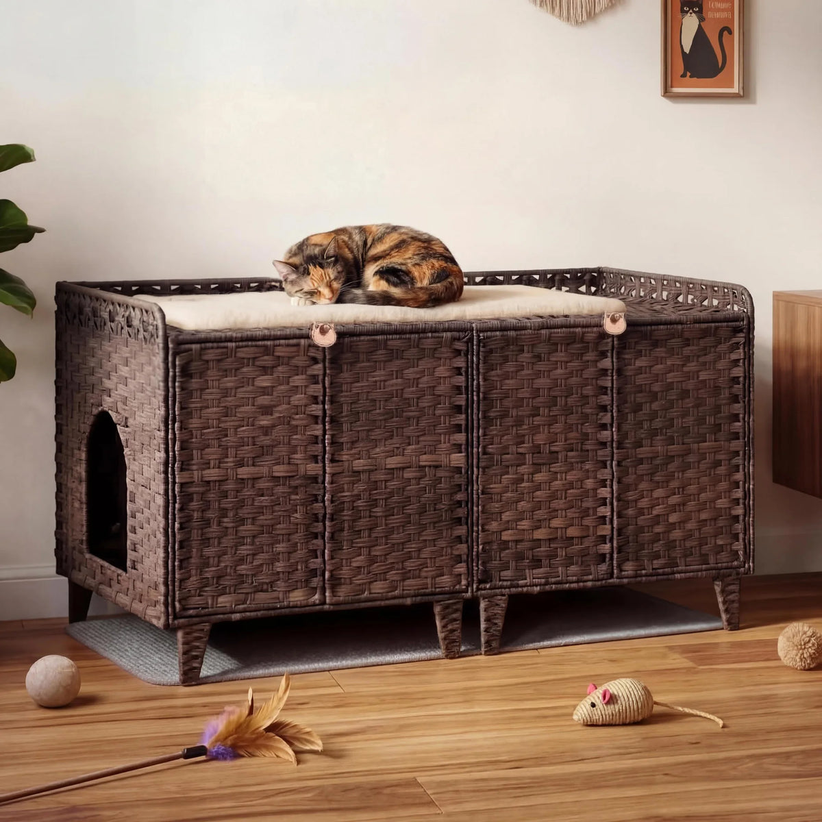 HiMISS Double Door Rattan Litter Box Enclosure Cabinet