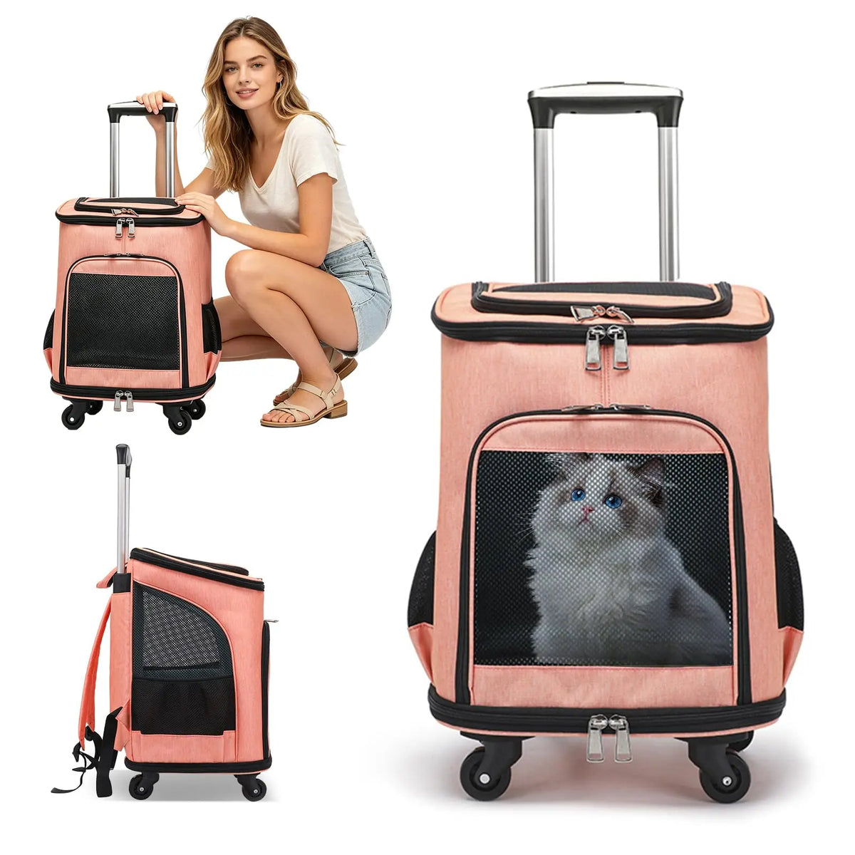 Three In One Wheeled Pet Carrier Backpack With Mesh Ventilation