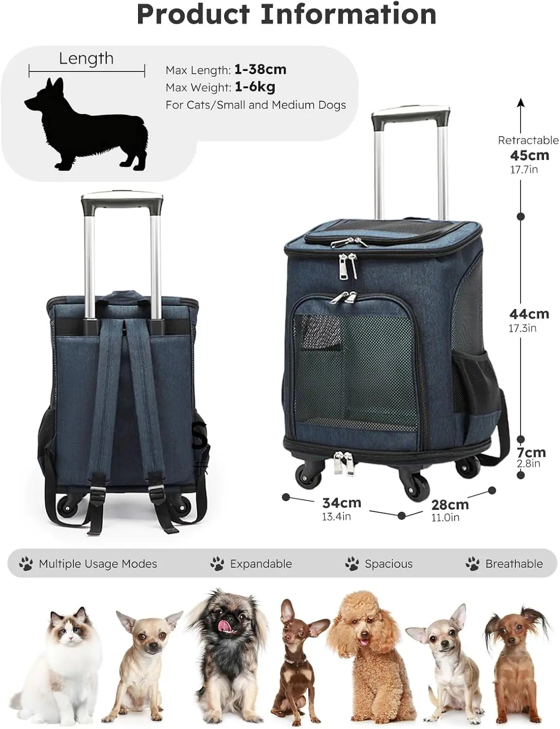 Three In One Wheeled Pet Carrier Backpack With Mesh Ventilation