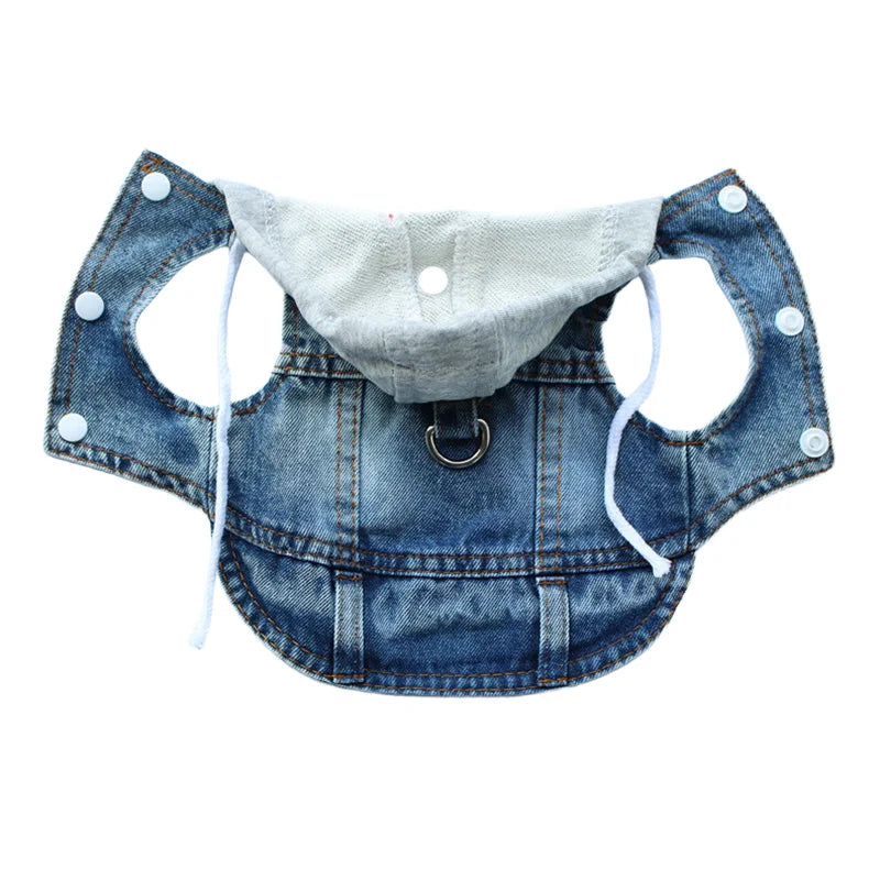Hoopreety Dog Denim Harness Jacket Vest With Hood and Leash Ring