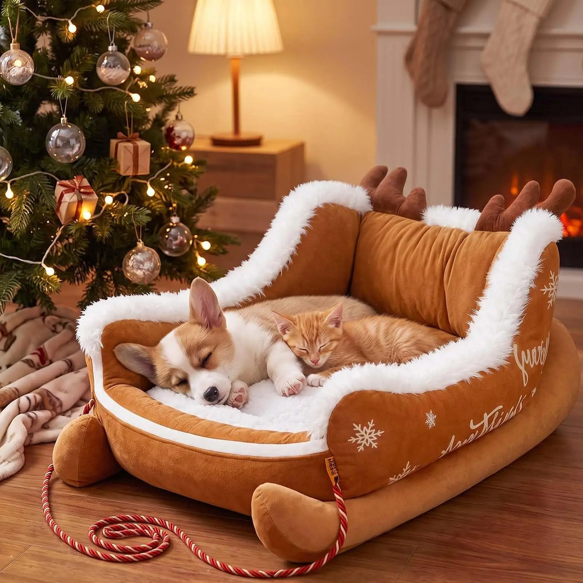 Christmas Dog Sleigh Sofa Bed With Plush Raised Sides for Pets