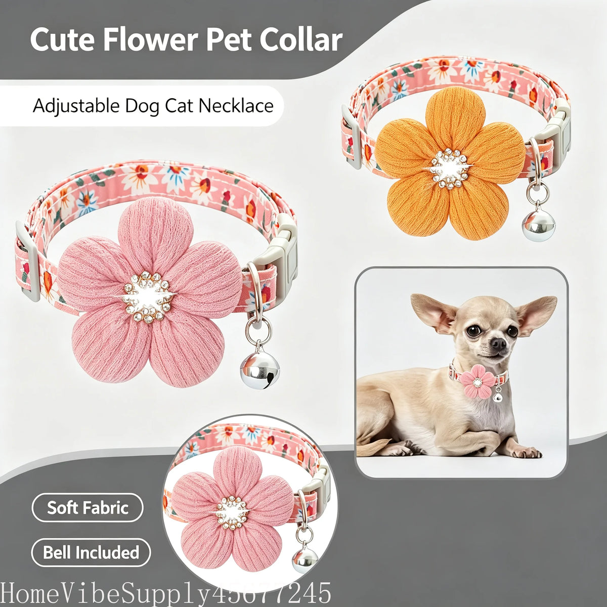 Soft Adjustable Floral Pet Collar with Flower Charm and Bell