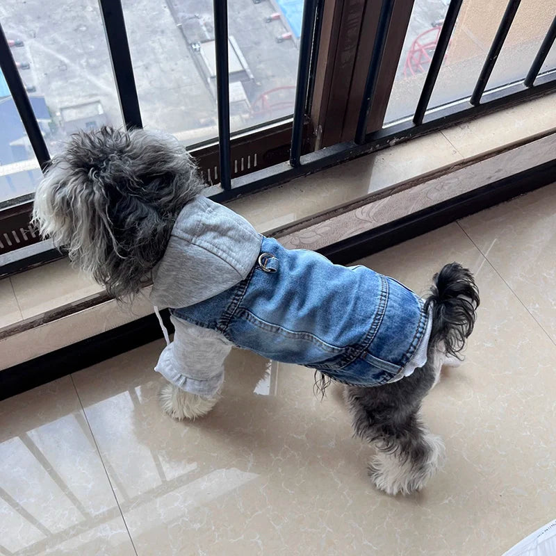 Hoopreety Dog Denim Harness Jacket Vest With Hood and Leash Ring
