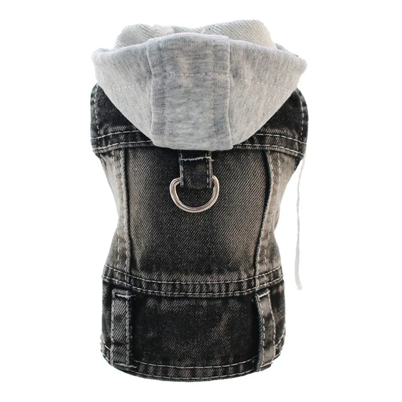 Hoopreety Dog Denim Harness Jacket Vest With Hood and Leash Ring