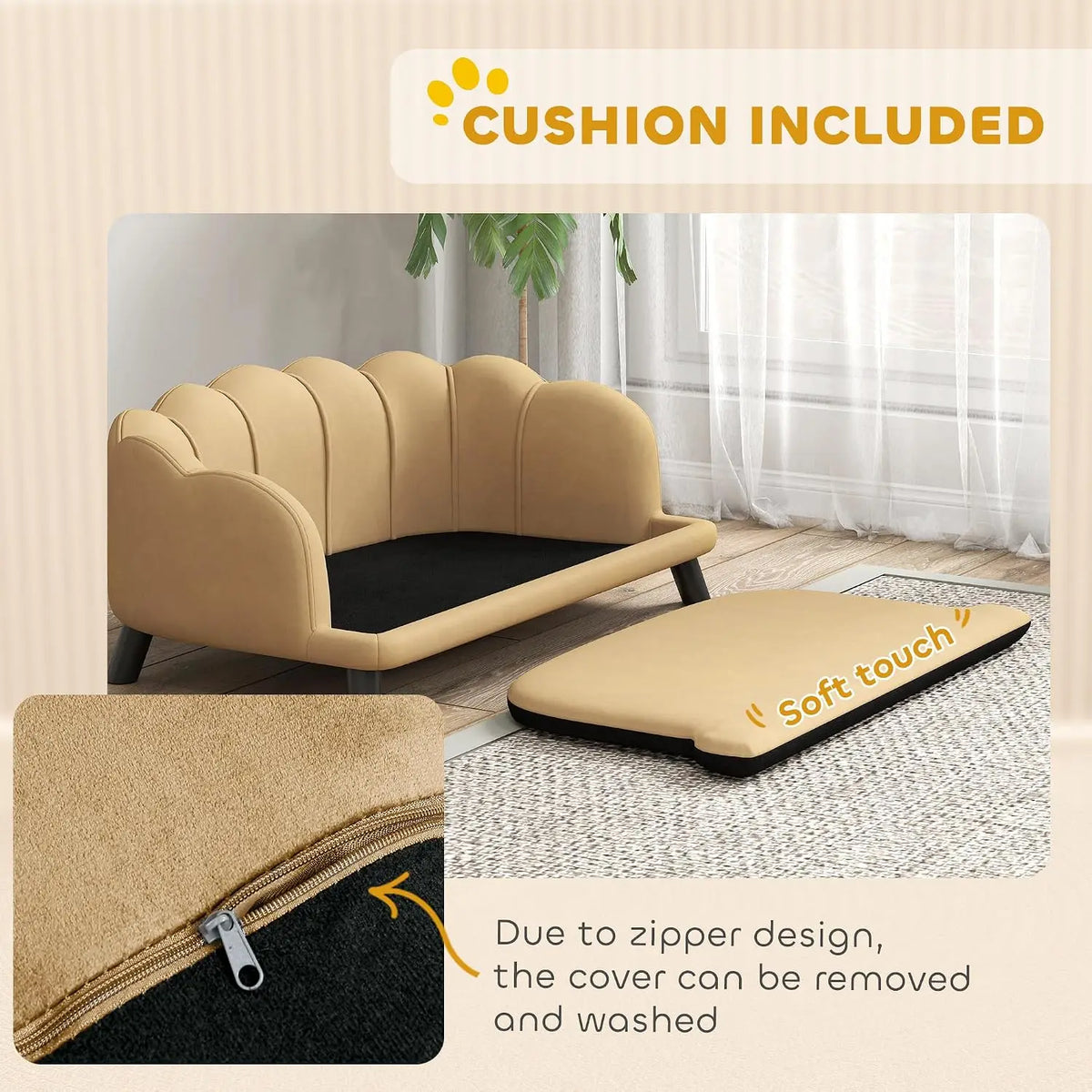 Pearl Back Velvet Dog Sofa With Removable Washable Cushion