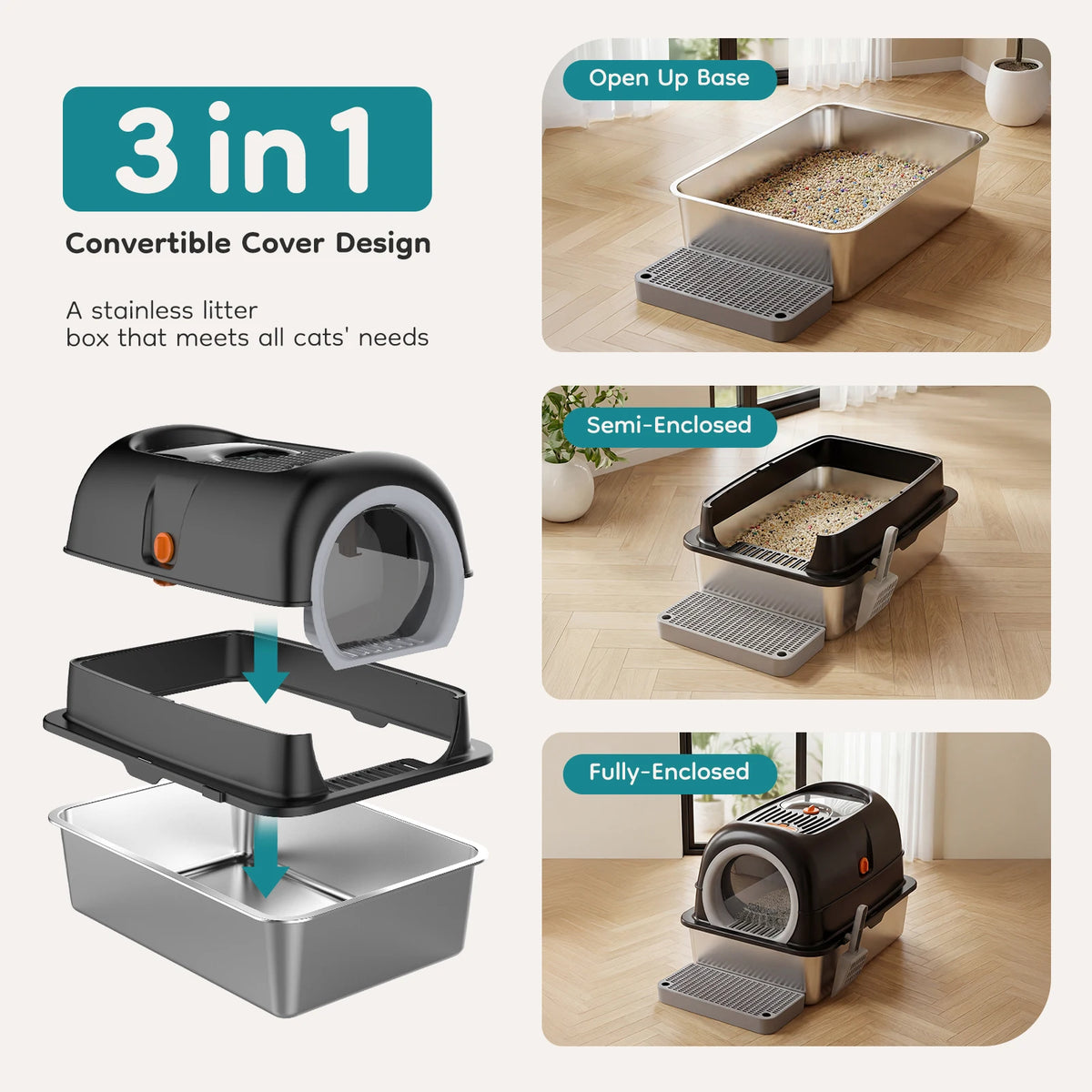 Fully Enclosed Stainless Steel Cat Litter Box With Accessories
