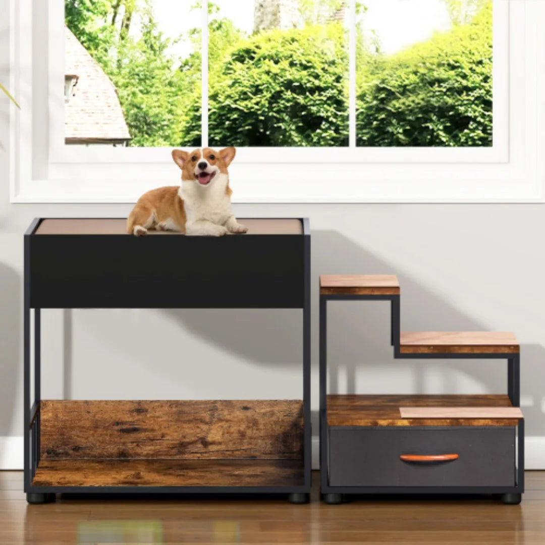 Multi Level Dog Bunk Bed With Steps And Storage Drawer