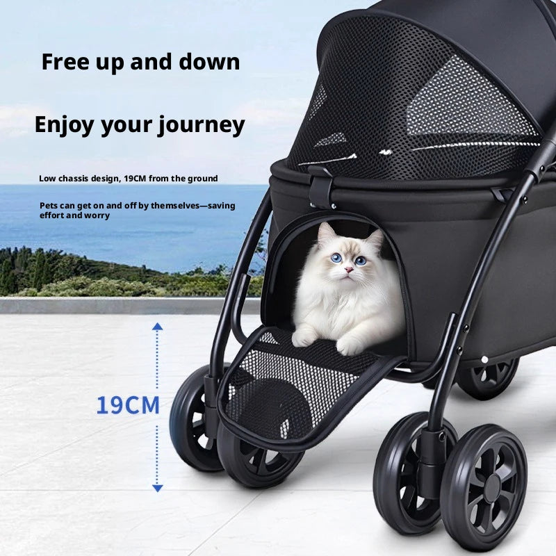 Foldable Pet Stroller with Swivel Wheels and Breathable Mesh Windows