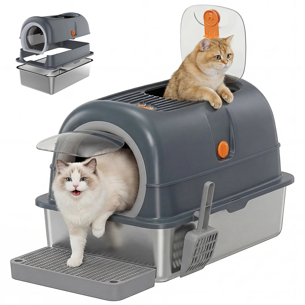 Fully Enclosed Stainless Steel Cat Litter Box With Accessories