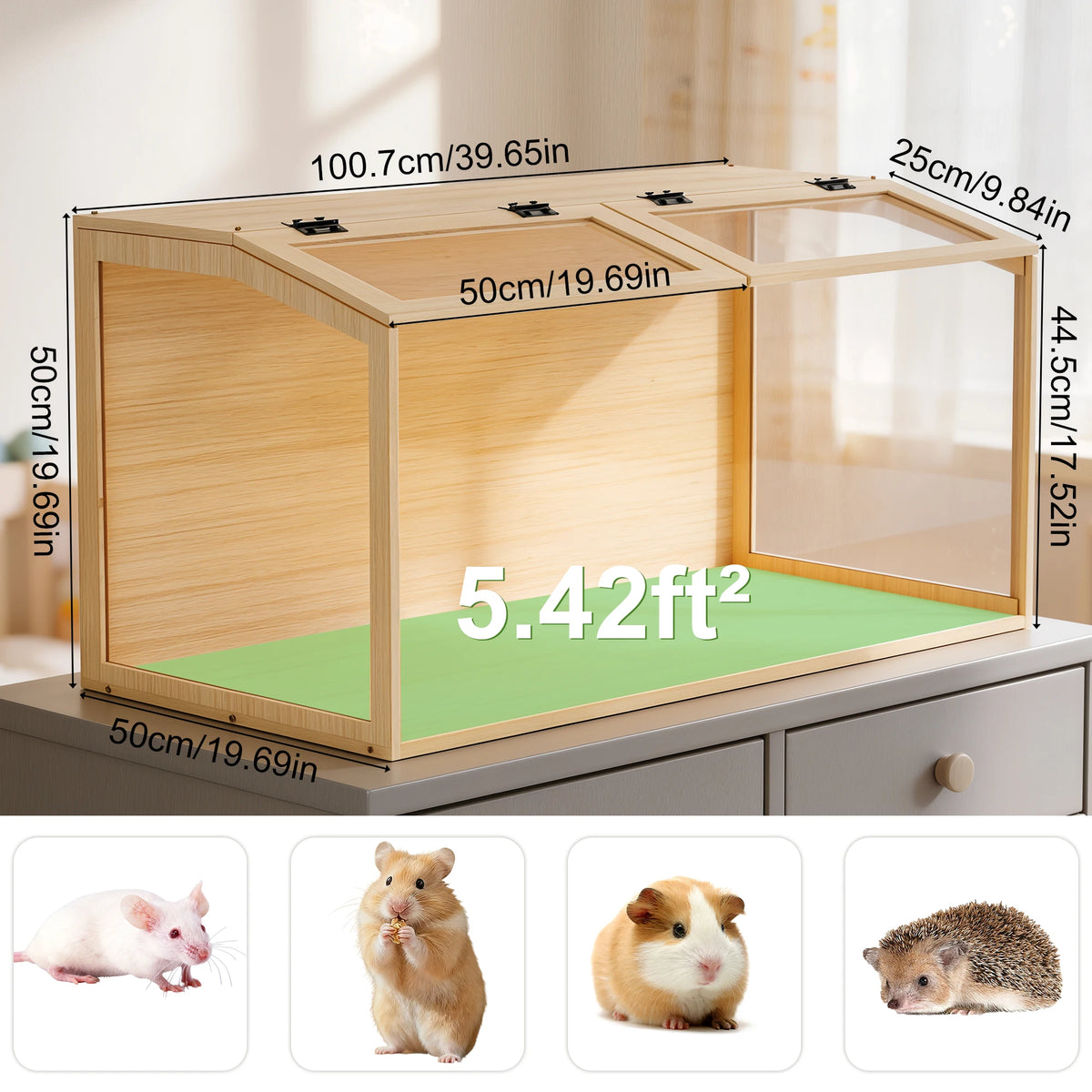 Indoor Wooden Hamster Cage With Glass Panels And LED Lighting