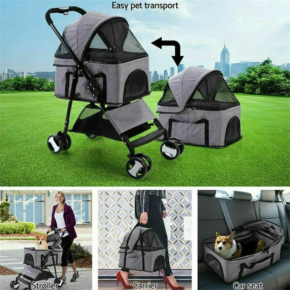 Foldable Pet Stroller With Rain Cover And Storage Basket